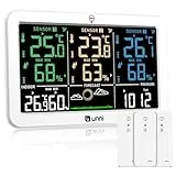 U UNNI Funk Wetterstation mit 3 Außensensoren USB und Batteriebetrieb, Funkwetterstation mit 100M Reichweite und Einstellbare °C/°F und 3 Helligkeitsstufen