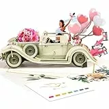 Magic Ants Just Married 3D Pop Up Hochzeitskarte – Just Married mit Oldtimer und Blumenmotiv– Romantische Karte für Braut und Bräutigam, Verlobung, Brautparty, frisch Vermählte, Hochzeitsglückwünsche