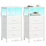 SONGMICS BELLAH Kollektion - Nachttisch mit Ladestation, Beistelltisch, App-gesteuerte, einstellbare LED-Beleuchtung, 1 offenes Fach, 3 Schubladen, modern, 2er Set, wolkenweiß LGS203W102