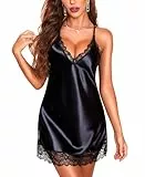 RSLOVE Satin Nachthemd Damen Sexy - Negligee Schlafkleid Kleid Nachtwäsche Schwarz S
