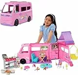 Barbie Super Abenteuer-Camper Spielset mit Dachzelt, Hängesessel, Fischteich, Grill mit Farbwechseleffekt und über 60 Zubehörteilen inklusive Knete, HRJ78