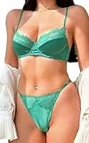 Awake Lingerie Becca Eleganter Satin BH und Spitze String Höschen, Romantische Nachtwäsche Braut Dessous Set Unterwäsche für Frauen (Rainforest, L)