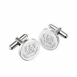 Mondgold Runde Manschettenknöpfe aus Edelstahl mit Blätter Gravur, Personalisiert mit Initialen und Datum, Anzug Accessoires, Herren Schmuck