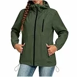 UHouse Damen Regenjacke Wasserdicht Wanderjacke Atmungsaktiv Windjacke mit Kapuze Windbreaker Leichte Fahrradjacke Stehkragen Jacke mit Reißverschluss Taschen Übergangsjacke Outdoorjacke Olivgrün XXL