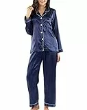 Ladieshow Damen Pyjama Set, Langarm Nachtwsche aus Satin-Seide Einfarbig Pyjama Set Schlafanzug,Damen mit Knopfleiste Nachtwsche Loungewear,S-XXL