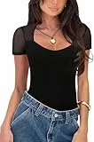 BEINF Body für Damen Sexy Herzausschnitt Body Shirts Kurze Ärmel Durchsichtige Mesh Sommer Abnehmen 2024 Trendy Ausgehen Bodysuits Tops Schwarz L