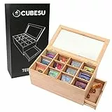 Cubesu Premium Teebox Bambus (30 x 20 x 15 cm) Teebeutel Aufbewahrungsbox mit Sichtscheibe aus Acrylglas - 12 verstellbare Fächer - große Holz Tee Box