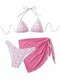 GORGLITTER Damen Bikini Set 3 Teiliger Bikini-Sets mit Blumenmuster Neckholder Badeanzug mit Cover Up Rock Swimsuit Set Rosa M