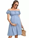 KOJOOIN Umstandskleid Damen Kurzarm Schwangerschafts Kleid Sommer Schwangerschaftskleid Off Schulter Blau M