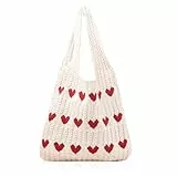 Vimmvid Strandtasche, Gestrickte Umhängetasche Tote Bag Herz Tasche Rot geflochtene tasche herztasche für Arbeit Reisen Schule Und Einkaufe