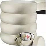 tectake® Hocker mit Stauraum, Scandi Sitzhocker Samt Stoff, Pouf, Polsterhocker rund für Schminktisch, Wohnzimmer Möbel, als Flur Möbel, Stauhocker Wohnen, Ø 42 x 47 cm - Samtoptik Creme-weiß