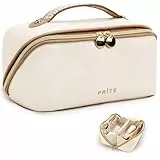 Prite Große Kapazität Kosmetiktasche Tragbare Reise Make Up Tasche wasserdichte PU-Leder Schminktasche oder Kulturbeutel mit Transparente Trenner und Griff(Beige L)