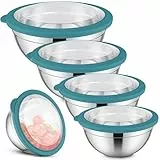 Herogo Rührschüssel 5er Set, Edelstahl Schüssel Salatschüssel mit Transparenter Luftdichtem Deckel, Schüsselset zum Backen Servieren, 4,5L/2,7L/1,5L/1,2L/0,7L, Stapelbar, Spülmaschinenfest, Blau