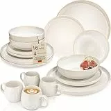 SÄNGER | Geschirrset Korfu 16 tlg, Tafelservice 4 Personen, Steingut Geschirr Handmade, Set inkl. Essteller Dessertteller Tiefe Teller Kaffeebecher, Essgeschirr Creme Farben mit Sandiger Maserung