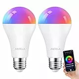 ANTELA Alexa Glühbirne E27 A65 12W 1350LM Smart WLAN LED Birne RGBCW Dimmbare Lampe, Smart Life APP, kompatibel mit Google Home, Warmweiß (2700K) Kaltweiß (6500K) Licht, 2 Stück