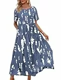 YESNO Damen Kleider Freizeit Lose Sommerkleid Lang Boho Maxikleid für Rundhals Strandkleid Blumenkleid L EJFDE CR147