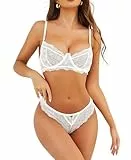 RSLOVE Damen Dessous Set Sexy - Unterwäsche Set Spitze Transparente Lingerie Set BH und Slip 2 Teilige Weiß L