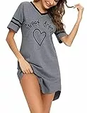 Litherday Nachthemd Damen Nachtwäsche Baumwolle Loungewear Nachtkleid Kurz Negligee Streifen Kurze Ärmel Sleepshirt Kurzarm V-Ausschnitt Sleepwear Bequeme Freizeitkleid, Dunkelgrau, M