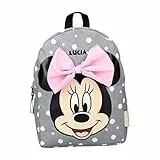 Undercover Personalisierter Kindergarten-Rucksack Minnie Mouse mit Name Mädchen | Kleiner Rucksack Kinder Grau gepunktet mit großer Schleife