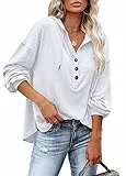 PLOKNRD Kapuzenpullover Damen Langarm Knöpfen Pullover mit Kordelzug Freizeit V-Ausschnitt Hooded Henley Sweatshirt Klassisch(Weiß, M)