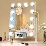 S'bagno Hollywood-Spiegel-mit-Beleuchtung, 40x30cm Spiegel-Schminktisch mit 10x Vergrößerung, USB- und Handyhalterung, 360° Drehbar, 12 LED-Lampen, 3 Farben, Dimmbar, Speicherfunktion, Weiß