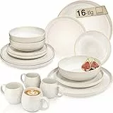 SÄNGER | Geschirrset Korfu 16 tlg, Tafelservice 4 Personen, Steingut Geschirr Handmade, Set inkl. Essteller Dessertteller Tiefe Teller Kaffeebecher, Essgeschirr Creme Farben mit Sandiger Maserung