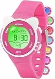 Ayybboo Kinderuhr Mädchen Jungen,7 Farblichter Armbanduhr Kinder mit Katzenmotiv,3 ATM Wasserdicht Digitaluhr Kinder für 4-12 Jahre Weihnachten Einschulung Geschenke (Dunkelrosa)