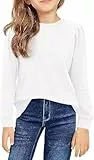 Haloumoning Mädchen Langarm T-Shirt Baumwolle Rundhals Top Leichtgewicht Sport Langarmshirt Basic Casual Sweatshirt Weiß 150