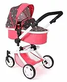 Bayer Chic 2000® 2in1 Puppenwagen Mika – Butterfly Koralle– faltbar – höhenverstellbarer Griff 47-80 cm – modernes Gestell – Puppen bis 52 cm – 4-8 J.