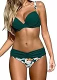 Ocean Plus Damen Gestreiftes Bikini-Set mit Brustpolster Bikinis Push Up mit Bügel Zweiteiliger Bademode (XXL (EU 52-54), Dunkelgrün)