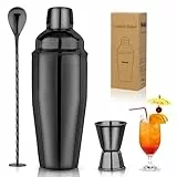 Cocktail Shaker Set 750ml Cocktailshaker Martini Shaker mit eingebautem Sieb - Professionelles Edelstahl Barkeeper Set inkl Messbecher, Bar-Löffel - Für Martini, Margarita & Mixgetränke, Schwarz