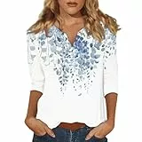 SCBFDI 𝘼𝙣𝙜𝙚𝙗𝙤𝙩𝙚 des Tages 𝙃𝙚𝙪𝙩𝙚, Basic Tshirt Damen 3/4 Arm mit Drucken Lose Stretch Casual Oberteil V Ausschnitt Basic Elegant Frühling Pullover, Bluse Beige Türkis 3XL