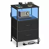 SONGMICS BELLAH Kollektion - Nachttisch mit Ladestation, Beistelltisch mit App-gesteuerter, Einstellbarer LED-Beleuchtung, 1 offenes Fach, 2 Schubladen, tintenschwarz-ebenholzschwarz LGS302BH02