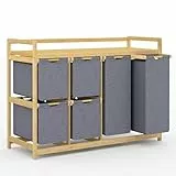 efluky 200L Wäschekorb 6 Fächer, Große Wäschesammler mit Korb Wäschesortierer mit 2 Wäschesäcken und 4 Stoffboxen, Laundry Basket Wäschebox Bambus Wäscheregal für Badezimmer, Schlafzimmer, Grau