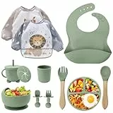 Baby Geschirrset,12er Set Kindergeschirr, Babylöffel,Trinklernbecher,Silikon Lätzchen,Baby Teller Kinderteller mit Saugnapf,Baby Led Weaning Set