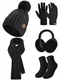 Niwicee Strickmütze Handschuhe Damen Schal Damen Winter Fleece Gefütterte Warm Beanie Mütze Winter Warme Winterschal Kombi Set Grobstrick Schal Damen Geschenk-Schwarz-
