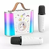 PKBD Karaoke Maschine für Kinder,Mini Karaoke Maschine mit 2 Mikrofonen, Tragbarer Bluetooth-Lautsprecher mit Stimmeffekten & LED-Lichtern–Geschenk für Mädchen & Jungen 3-15 Jahre (Weiß)