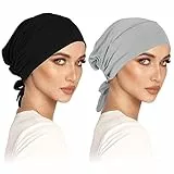 2 Pack Turban Damen Frauen Undercap Hijab Cap Unterschal Klassische Slouch Beanie Mütze Islamische Muslimische Mit Tie Back Kopfbedeckung Chemo Kopftuch Schlafmütze Schwarz+Hellgrau