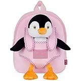 PERLETTI Kuscheltier Rucksack für Kinder mit Plüschtier - Pluschspielzeug Weich Flauschig und Kindergarten Schultasche mit Tasche für Plüsch Tier - 3 4 5 Jahren Baby Kindertasche 27x21x9 cm (Pinguin)