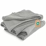 PHF 100% Baumwolle Musselin Decke 220x240cm, 4-lagige weiche hautfreundliche & atmungsaktive Tagesdecke, Ganzjahres-Komfort Light Grey Sofaüberwurf Couchdecke für Bett Sofa, Grau
