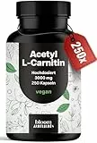 Acetyl-L-Carnitin – 500 mg pro Kapsel – 250 Kapseln – 3000 mg pro Tagesportion – Vegan – produziert in Deutschland - Acetyl L Carnitin Kapseln Hochdosiert - Verpackung kann variieren - Laborgeprüft