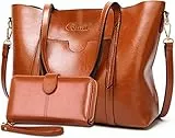 BestoU Damen Handtasche Leder Groß Tasche Shopper Schultertasche Umhängetasche Henkeltasche Damen 2pcs Set (Braun)