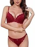 SHEKINI Push Up BH Set,Damen Bügel BH Set Spitze BH und Slip Nicht Abnehmbarer Bra Panty Lingerie Unterwäsche mit Hakenverschluss und Verstellbare Träger, Weinrot, Gr. 36/80B (L)