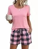 Aseniza Schlafanzug Damen Kurz Pyjama Set Sommer Modernes und Komfortables Sleepwear mit Karierten Shorts Loungewear Perfekt für Entspannte Tage zu Hause oder im Urlaub Rosa XL
