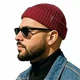 Comhats Fischer Mütze Herren Wollmütze Kurz Docker Haube Trawler Fisherman Beanie Hat Damen Merino Wolle Strick Winter Cap Großer Kopf Ski M/L Rot