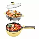 Audecook Elektrische Hot Pot mit Dampfgarer, 1.5 L/20cm Elektrischer Bratpfanne Hotpot Topf Antihaft Mini Elektropfanne, Multikocher für Wohnheim Ramen, Steak (B (gelb/1,5 l mit Dampfgarer))