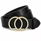 JasGood Damen Ledergürtel Mode Doppel O-Ring Schnalle Gürtel für Jeans Hosen Kleider,Schwarz/Goldene Schnalle,110cm