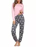 Bresdk Schlafanzüge für Damen Pyjama Baumwolle Winter Schlafanzug Damen Lang Nachtwäsche Herz-Print Pijamas Mit Tasche Pyjama Set Zweiteilige Kuschelig Rosa S