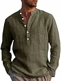 Runcati Herren Leinenhemd Langarm Baumwolle Leinen Shirt Männer Freizeithemd Regular Fit Strand Sommerhemd Armeegrün XXL