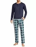 Leversic Schlafanzug Herren Lang mit DREI Knöpfe Baumwolle Langarm Pyjama Set für Männer Winter Nachtwäsche Loungewear Sleepwear, 365-Blau, 4XL